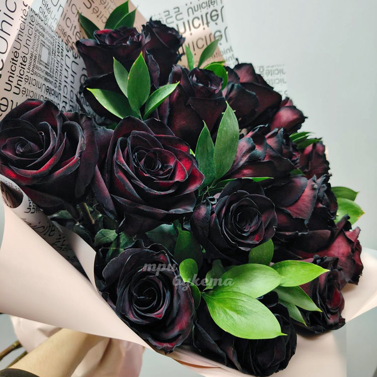 Букет из 15 черных роз с рускусом (крупный план)